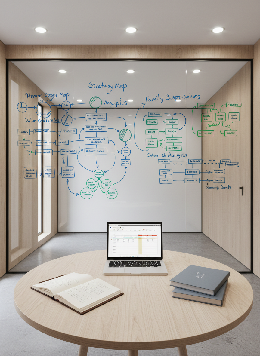 A photographic realism scene of a sophisticated consulting environment designed for strategic entrepreneurship, featuring a large glass whiteboard covered in carefully drawn strategy maps, value chain diagrams, and family business governance charts in blue, green, and black markers. In front of the board, a minimalist round table holds an open notebook, a slim laptop displaying a clean Gantt chart, and a small stack of bound consulting reports with understated, professional covers. Cool, bright ceiling lights and subtle natural light from side windows combine to create a clear, evenly lit atmosphere with minimal glare on the glass. Shot from a slightly low angle to emphasize the scale of the whiteboard, the composition feels focused, analytical, and forward-looking, ideal for conveying high-level advisory and planning services.