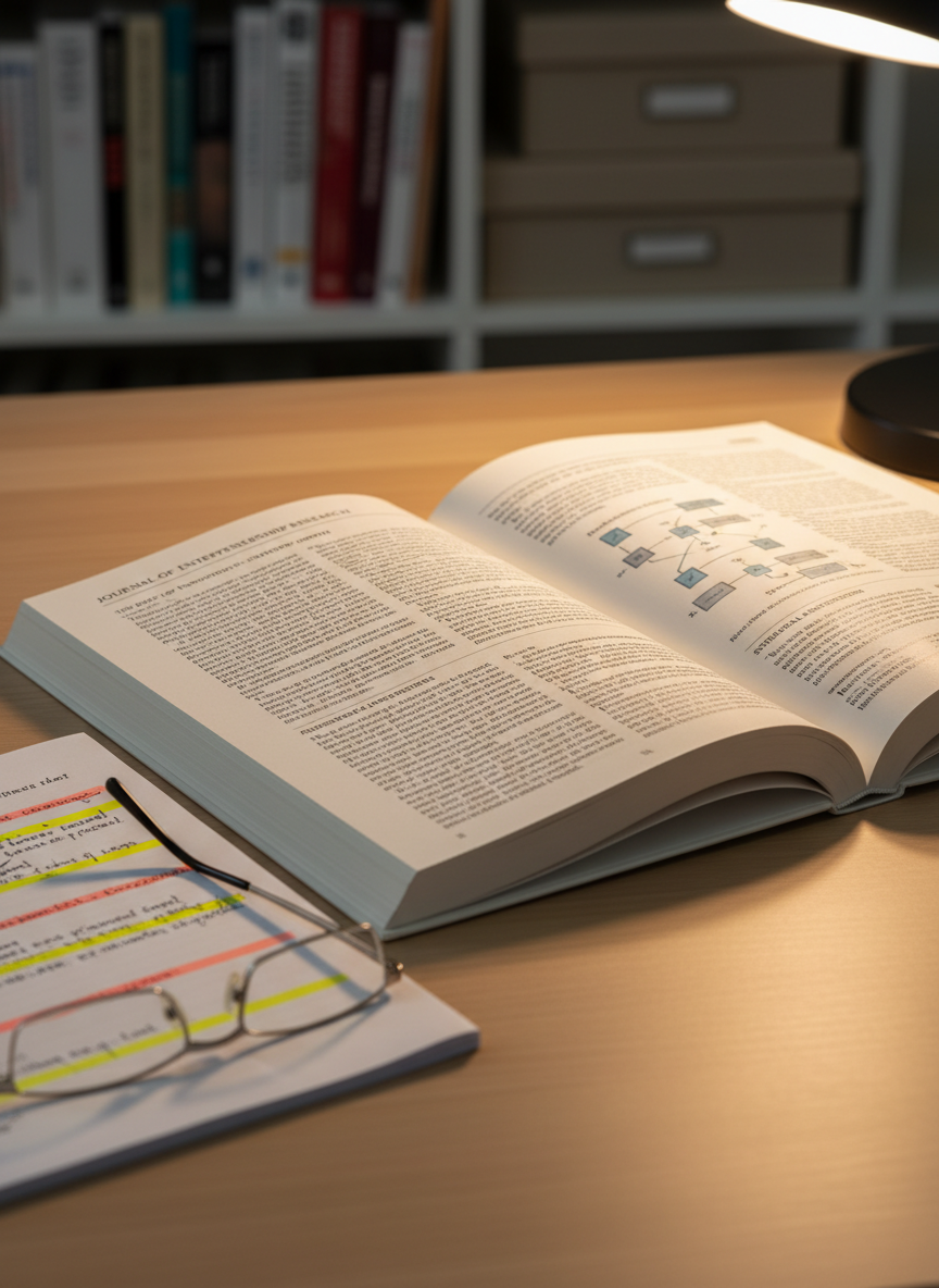An elegant, photographic close-up of an open academic journal on entrepreneurship research, its high-quality matte pages filled with dense text, crisp headings, and a detailed structural equation model diagram rendered in subtle blues and grays. The journal rests on a smooth, light oak tabletop beside a neatly highlighted manuscript draft with handwritten margin notes, and a pair of thin-rimmed reading glasses folded on top. Soft, warm desk lamp lighting from the upper right creates gentle highlights on the paper fibers and delicate shadows along the page edges. The background fades into a tasteful blur of book spines and file boxes, emphasizing the research materials. The composition is intimate and scholarly, with a calm, contemplative mood and photographic realism suited to showcasing rigorous academic work.