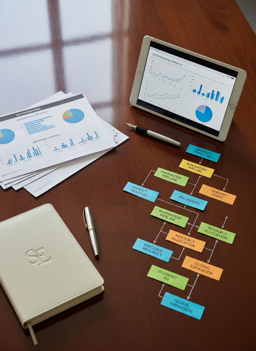 A close-up, overhead photographic view of a polished conference table displaying a carefully arranged strategic planning session in progress, without any people present. On the table lie color-coded sticky notes forming an organized flowchart of corporate strategy, printed slides detailing organizational performance metrics, and a tablet showing a dashboard of entrepreneurial growth indicators. A silver pen rests diagonally on a leather-bound notebook embossed with an elegant monogram. Natural, diffused daylight from an unseen window to the left creates soft, even illumination and faint shadows, conveying clarity and professionalism. The composition follows the rule of thirds, with the most detailed diagrams occupying the lower-right quadrant. The mood is analytical, structured, and forward-thinking, reflecting high-level consulting work in strategic entrepreneurship.