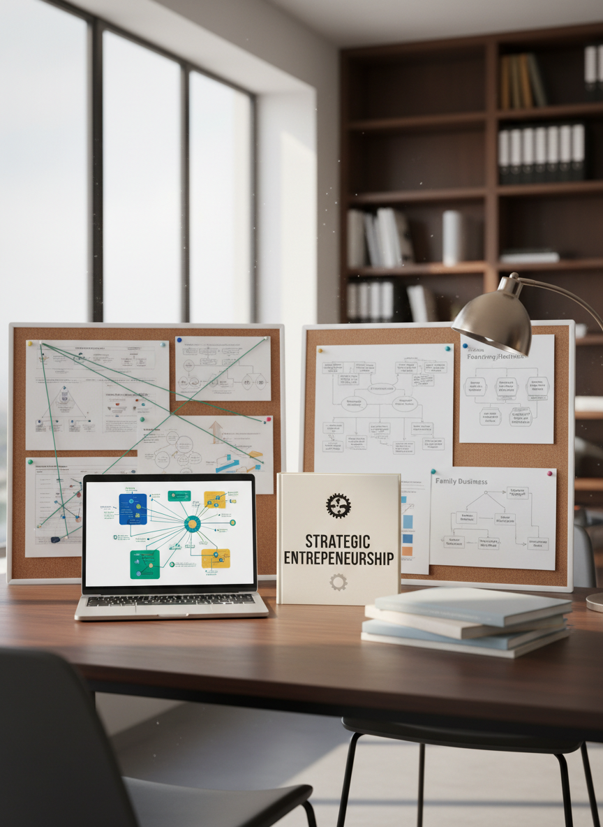A meticulously organized modern workspace showcasing strategic entrepreneurship, featuring a sleek dark walnut desk covered with neatly stacked academic journals, an open laptop displaying a multi-colored data visualization, and a hardcover book titled “Strategic Entrepreneurship” prominently centered. Surrounding the desk are corkboards filled with pinned diagrams of corporate strategy frameworks and family business structures. Soft daylight filters through a large office window, casting gentle shadows and subtle reflections on a brushed metal desk lamp. Photographic realism with a clean, professional aesthetic, shot at eye level with a shallow depth of field that keeps the desk items crisp while the background office shelves blur into a soft bokeh, creating a focused, thoughtful atmosphere ideal for a professor’s portfolio homepage.